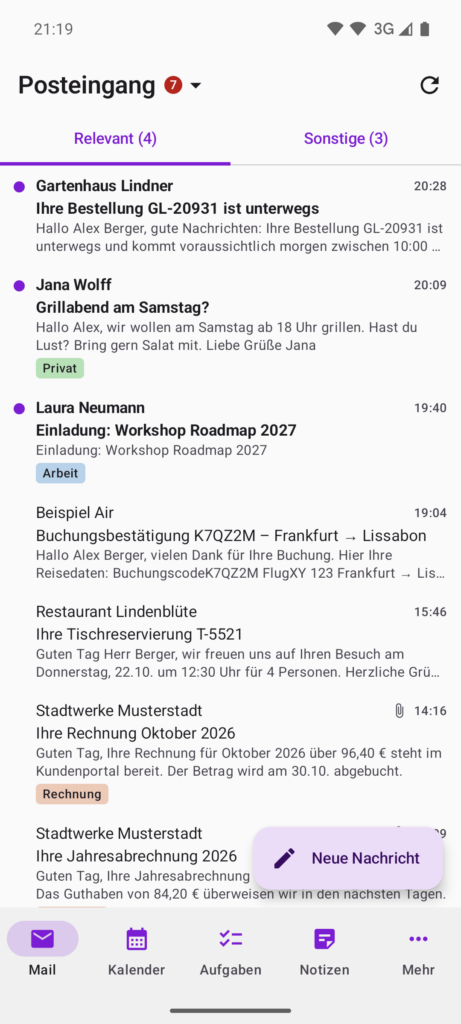 dmOffice Android-App: Posteingang mit Relevant und Sonstige