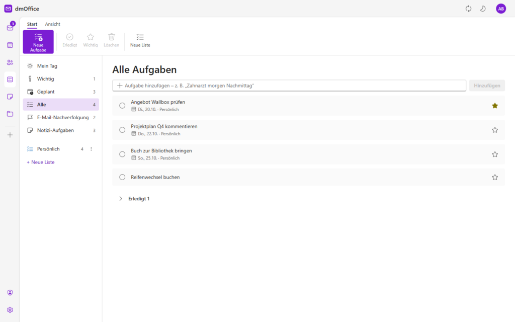 dmOffice Aufgaben mit den Listen Mein Tag, Wichtig, Geplant, E-Mail-Nachverfolgung und Notizi-Aufgaben