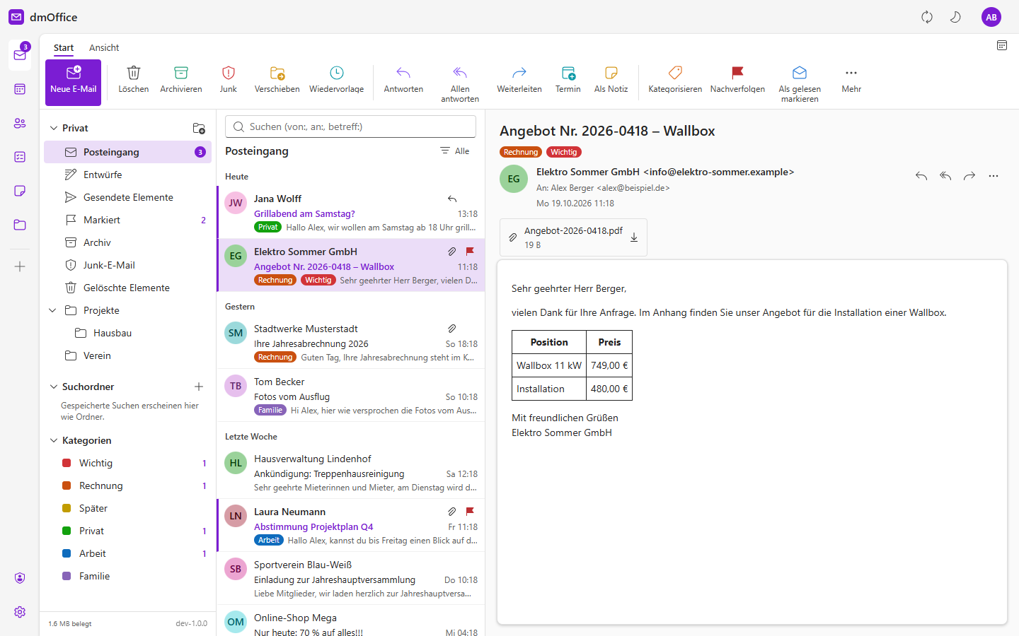 dmOffice E-Mail: Posteingang mit Menüband, Kategorien und Lesebereich
