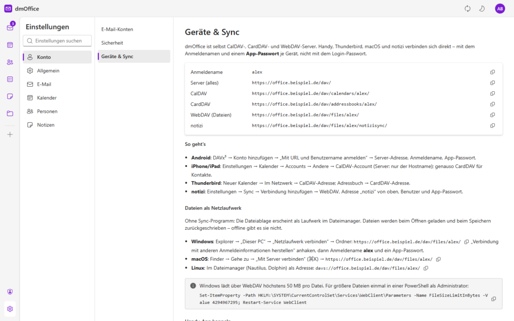 dmOffice Geräte & Sync: Adressen für CalDAV, CardDAV, WebDAV und notizi