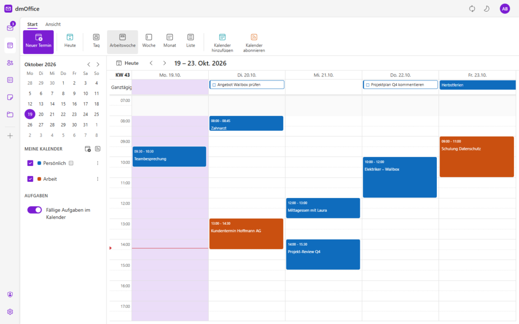 dmOffice Kalender in der Arbeitswochen-Ansicht mit mehreren farbigen Kalendern