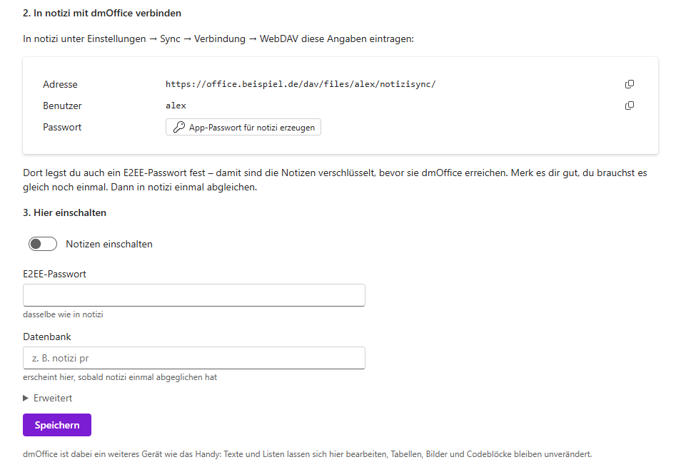 dmOffice Einstellungen → Notizen: Adresse, Benutzer und App-Passwort für notizi, E2EE-Passwort und Datenbank