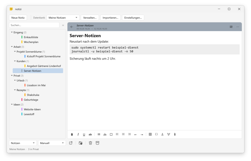 notizi 1.5 Notiz mit Codeblock in fester Schrittweite