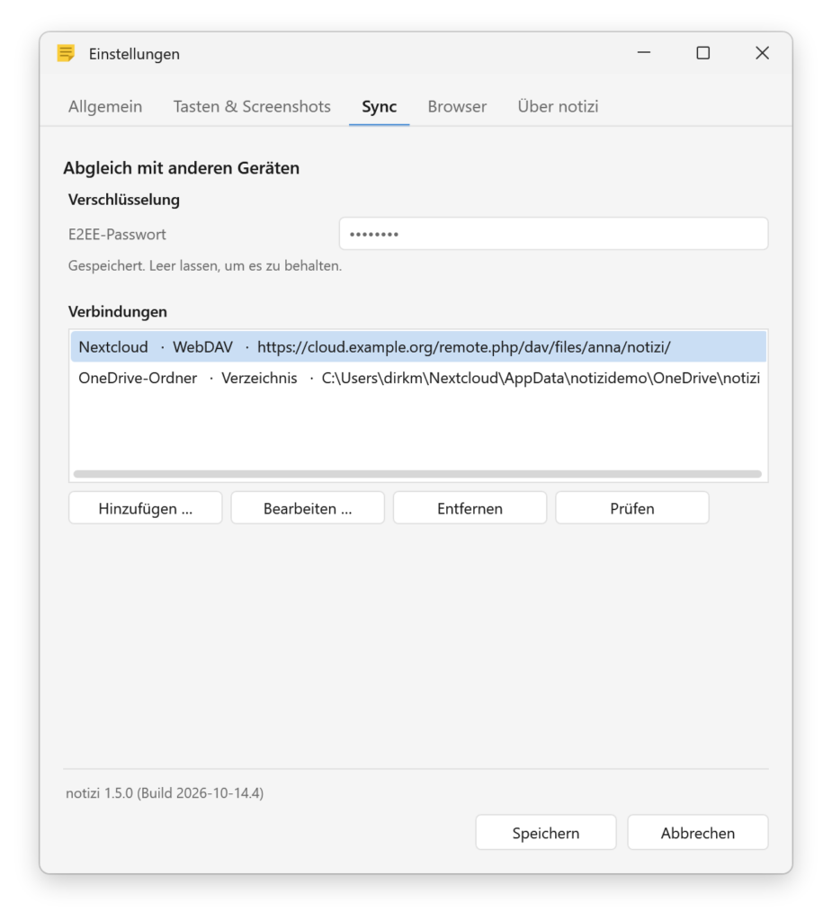 notizi 1.5 Einstellungen Sync: E2EE-Passwort und Verbindungen per WebDAV oder Ordner